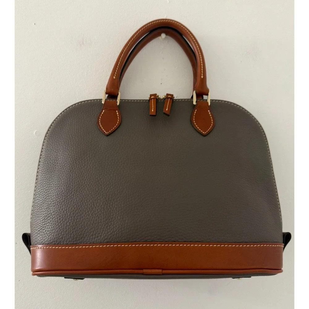 Dooney & Bourke Pebble Grain Domed Satchel Elephant Grey Tan Leather Bag Preppy